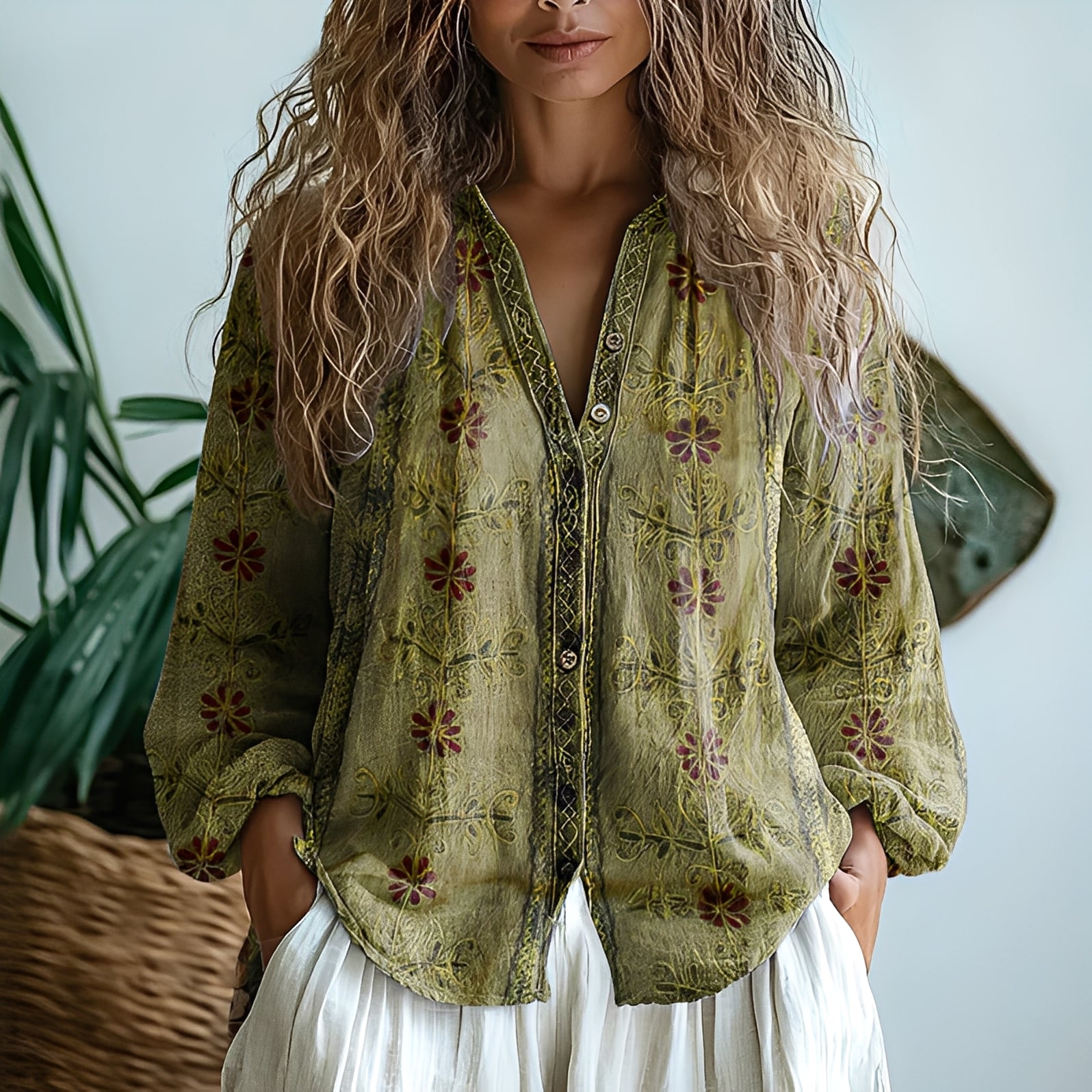 Ambre - vintageblus med bladprint