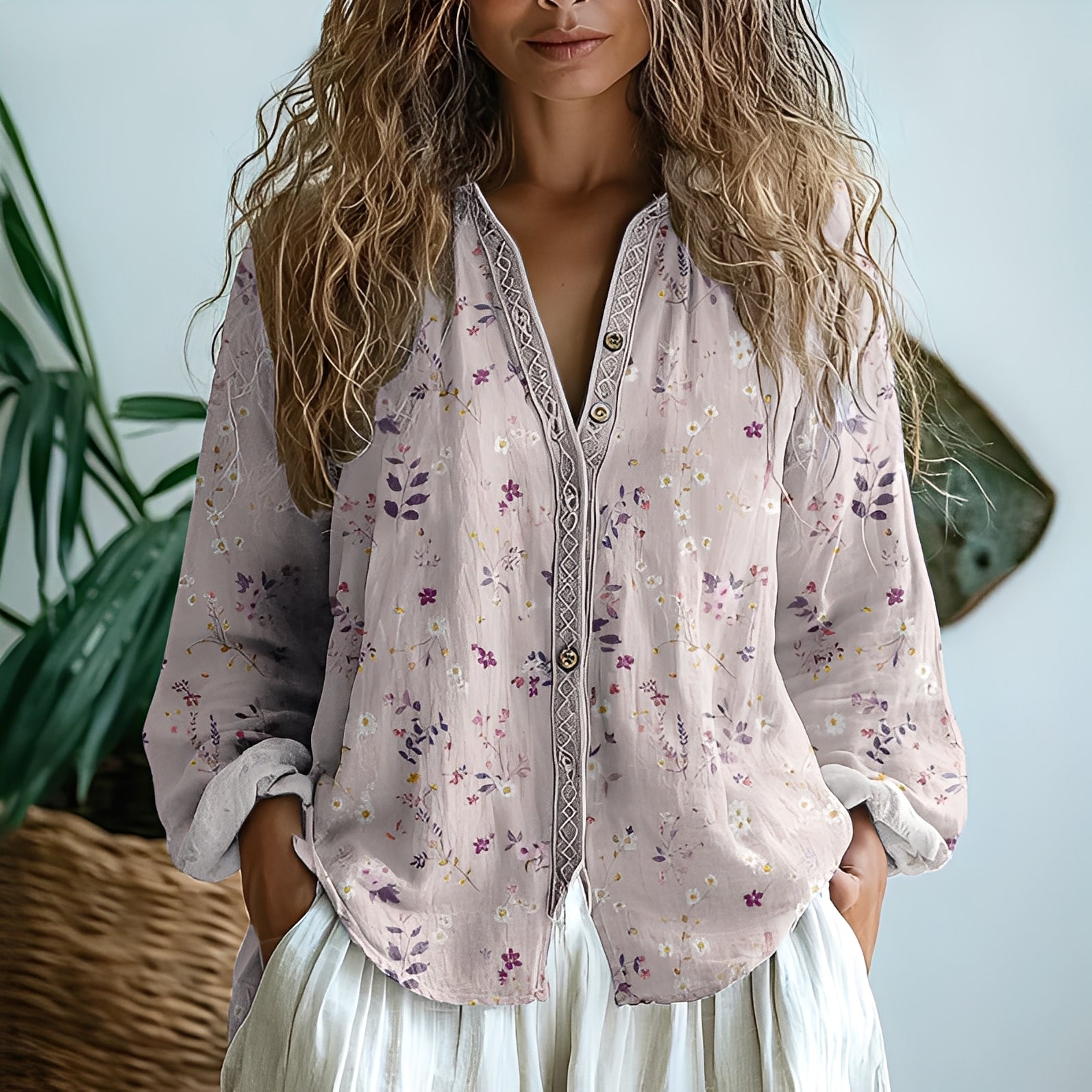 Ambre - vintageblus med bladprint