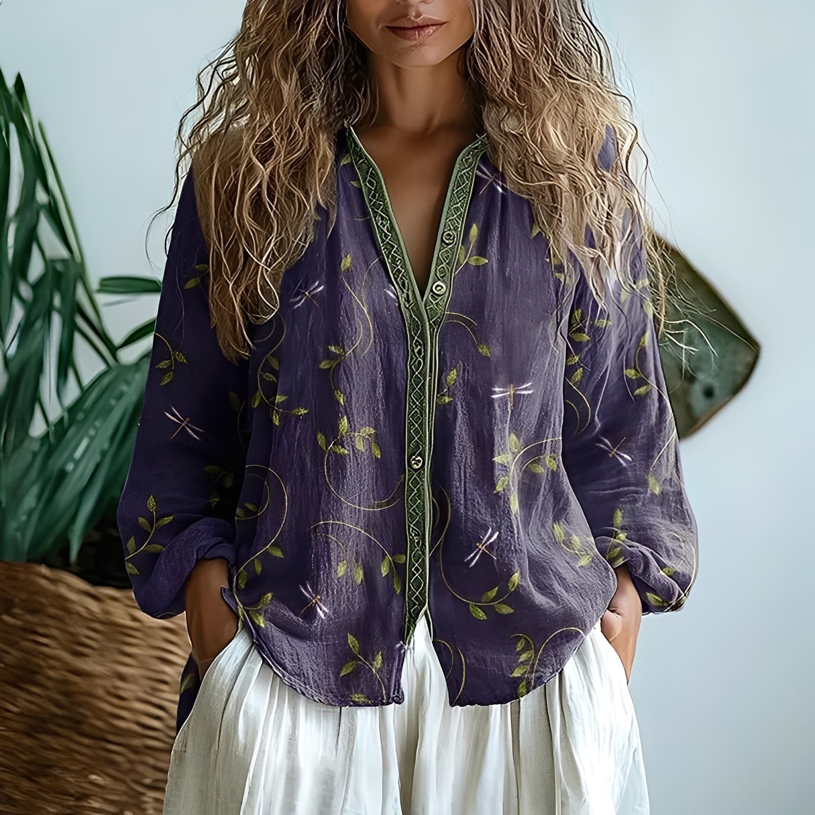 Ambre - vintageblus med bladprint